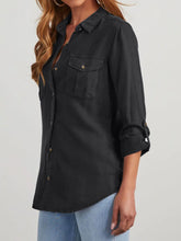 Collared Neck Roll-Tab Sleeve Denim Top OutfitFlow